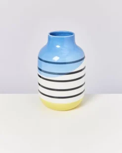 Nuno Vase L Schwarz-Weis Gestreift Mit Blau
